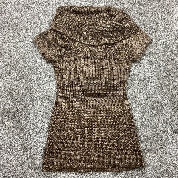 Derek Heart Sweater Dress womens m Brown Short Sleeve Cowl Neck Knit Mini Fall‎ - Picture 1 of 8